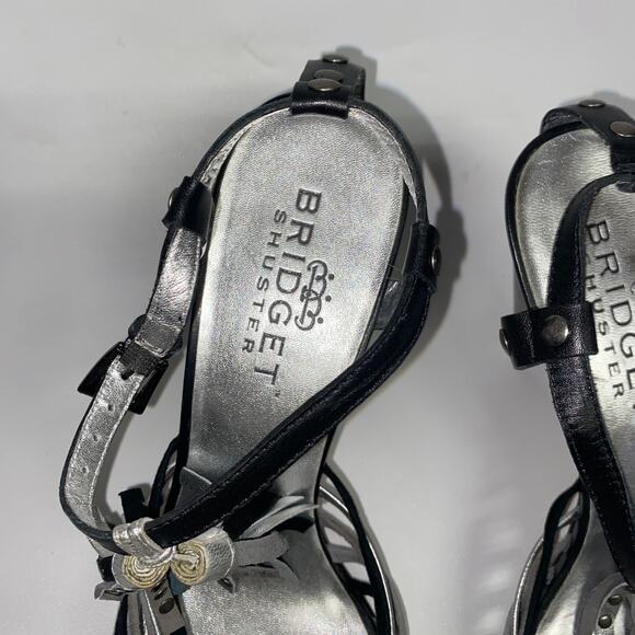 Bridget Shuster Black Silver Gray Leather Tassel Ankle Strap Heeled Sandals 7.5 - Picture 5 of 10